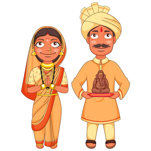 Pareja Maharashtriana Vestido Tradicional Sosteniendo Una Pequeña Estatua Del Señor — Archivo Imágenes Vectoriales