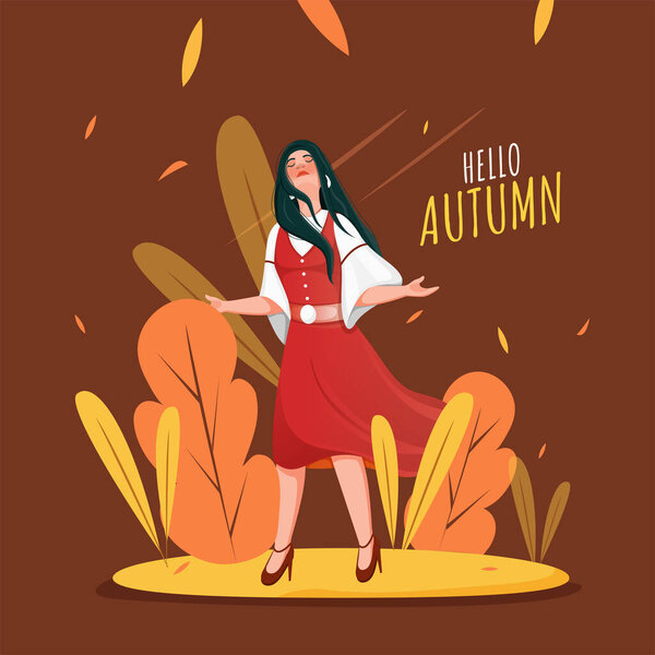 Young Girl Enjoying Autumn Season Brown Background Can Used Poster — Stock Vector