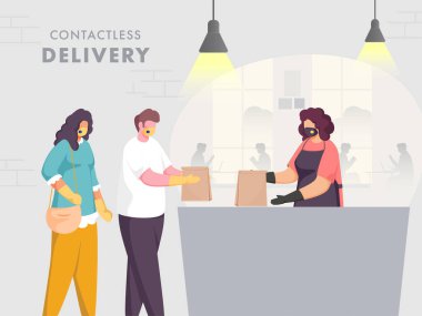 Çizgi filmciler, Temassız Teslimat Konsepti için Gri Arkaplanda Süpermarket Tezgahının Önünde Koruyucu Maske Takıyor.