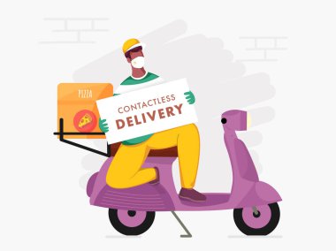 Scooter 'da oturan pizzacı Coronavirus (Covid-19) Reklam Konsepti İçin Temassız Teslimat Kurulu Başkanı..