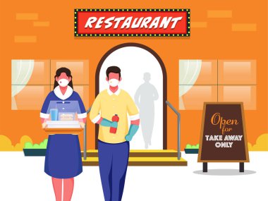 Coronavirus 'u korumak için restoranın önünde elinde yiyecek, içecek şişesi olan karikatür adamı ve kadın.).