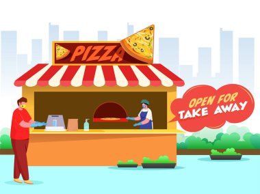 Müşteri ve müşteriler, Coronavirus 'u önlemek için Pizza Dükkanı' nda koruyucu maske takıyor..