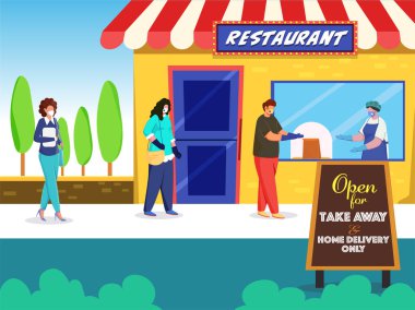 Alıcılar, restoranın önünde sosyal mesafeyi koruyarak koruyucu maske takar ve çift kişilik masa başında paket servisi için açık olur..