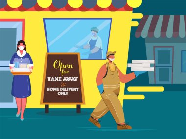 Dükkan illüstrasyonlu yemek dağıtım personeli ve Coronavirus sırasında sadece çift kişilik ayakta teslimat için açık mesaj.