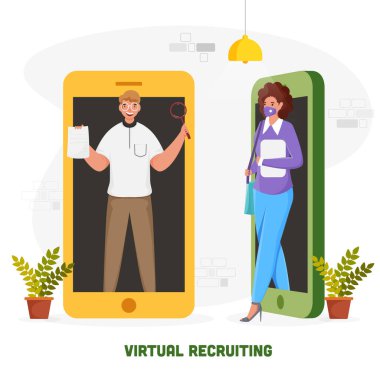 Sanal İşe Alma Konsepti tabanlı poster tasarımı. Beyaz arka planda, İşadamı ve Kadın Ayrı Akıllı Telefon İmajı..