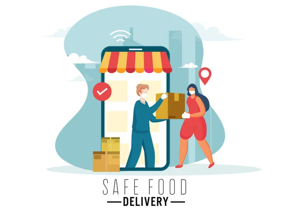 Parcel Box Woman Smartphone Check Mark Safe Food Delivery Concept — 스톡 벡터