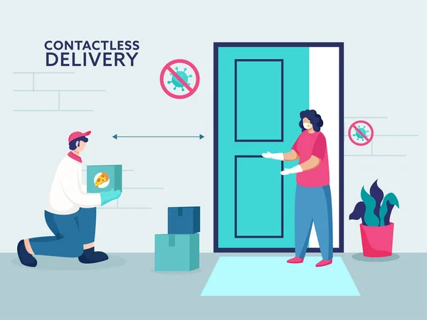 Courier Boy Delivers Pizza Parcel Contactless Customer Door Prevent Coronavirus — Stock Vector
