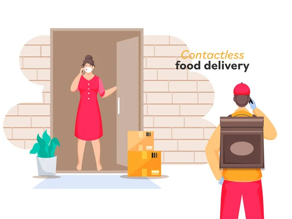 Courier Boy Informs You Order Delivery Phone Customer Woman Standing — Stock Vector
