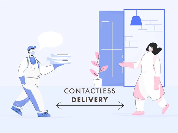 Ilustração Vetorial Courier Boy Dando Caixas Encomendas Para Mulher Cliente — Vetor de Stock