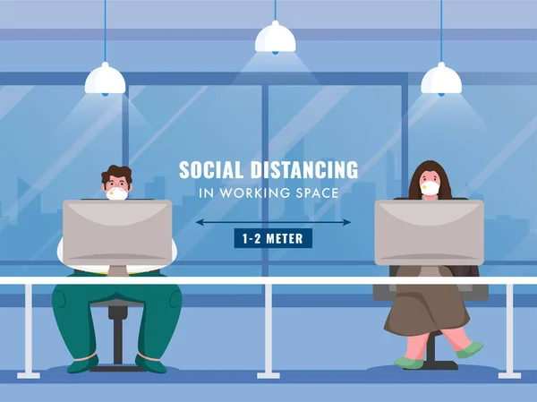 Dipendenti Dell Ufficio Che Mantengono Distanza Sociale Nello Spazio Lavoro — Vettoriale Stock