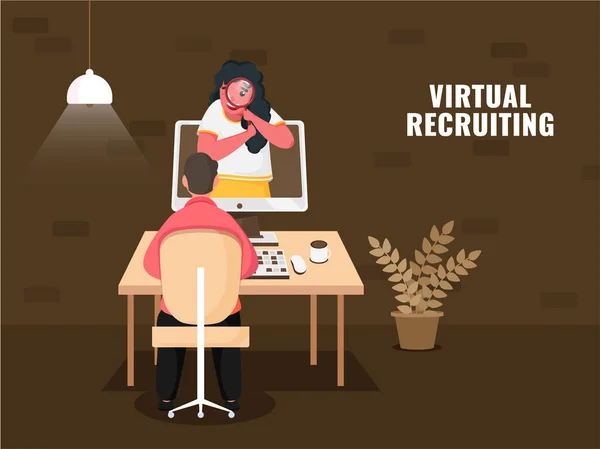 Business Woman Söka Virtuell Rekrytering Dator Framför Man Arbetsplatsen Brun — Stock vektor