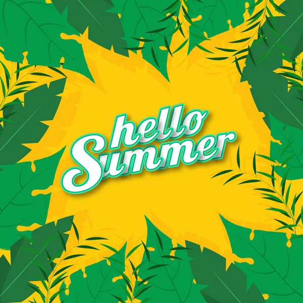 Estilo Pegatina Hola Fuente Verano Sobre Fondo Amarillo Decorado Con — Vector de stock