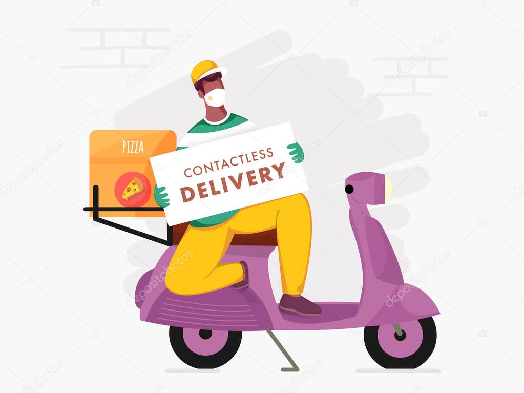 Pizza Courier Man Sitting on Scooter with Holding Message Board of Contactless Delivery During Coronavirus (Covid-19) for Advertising Concept.