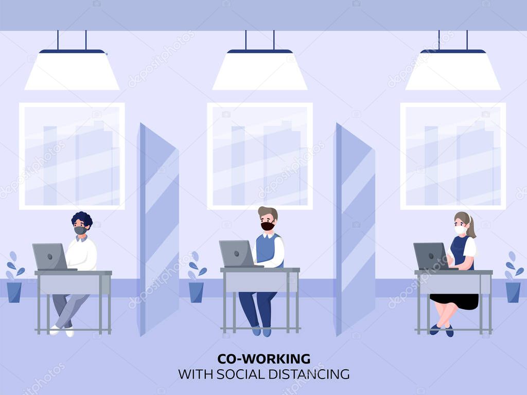 Coworker People Working At Separate Workplace With Wearing Protective Mask In Office For Maintaining Social Distance, Avoid Coronavirus.