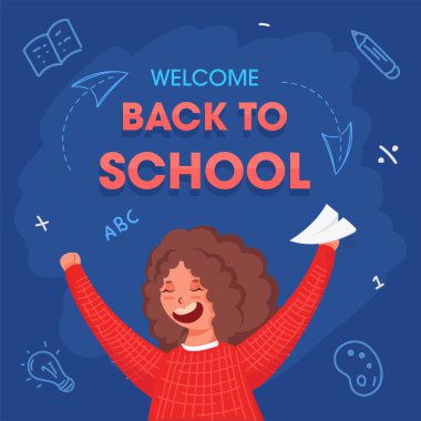 Mavi arka planda kağıt tutan neşeli kızın olduğu okul mesajına tekrar hoş geldiniz. Reklam Posteri Tasarımı.