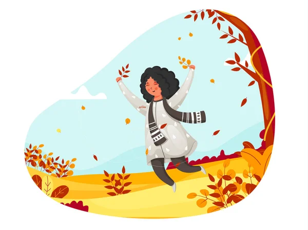 Illustratie Van Schattig Meisje Springen Abstracte Herfst Natuur Achtergrond — Stockvector