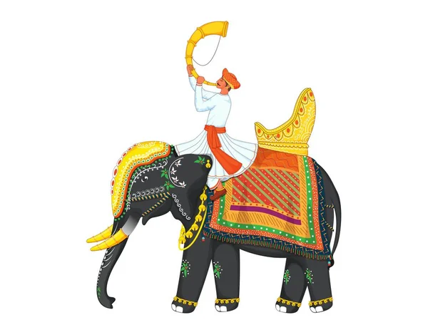 Tecknad Man Blåser Tutari Horn Sitta Dekorativ Elefant För Indisk — Stock vektor