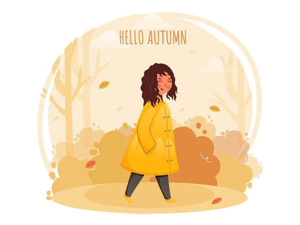 Hello Autumn Abstrakcyjne Tło Smiley Cute Girl Walking Pose — Wektor stockowy