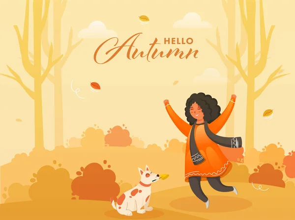 Cheerful Cute Girl Dog Character Nature Background Hello Autumn Can — Stock Vector