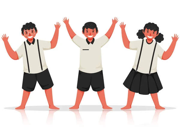 Geluk Studenten Kinderen Met Het Verhogen Van Handen Standing Pose — Stockvector