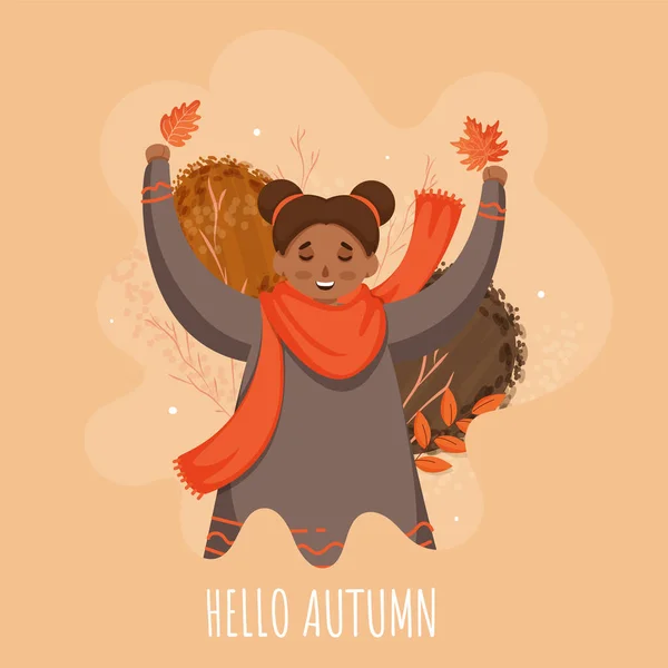 Hello Autumn Text Smiley Cute Girl Jumping Pose Abstract Peach — стоковый вектор