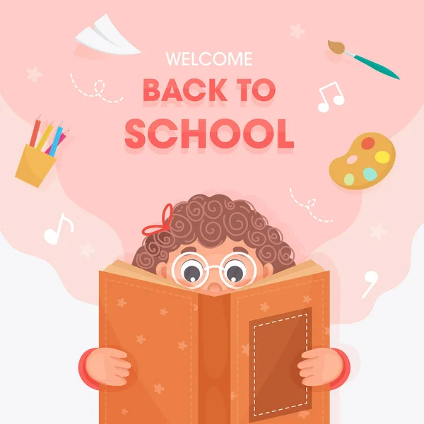 欢迎回到学校海报设计与可爱的女孩阅读一本书和关于粉红和白底的教育用品元素 — 图库矢量图片