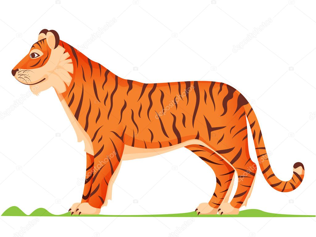 Side View Cartoon Tiger In Orange And Brown Color.