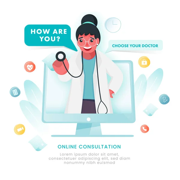 Cartoon Woman Doctor Holding Stethoscope Computer Screen Medical Elements White — 스톡 벡터