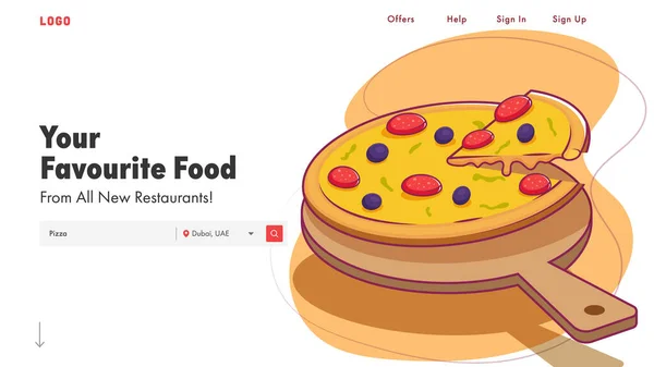 Responsive Landing Page Design Met Gepresenteerde Delicious Pizza Illustratie Voor — Stockvector