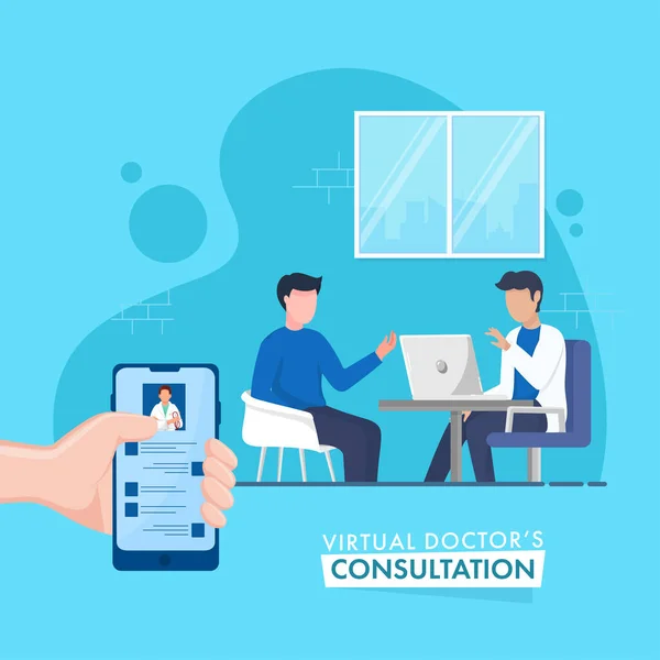 基于在线虚拟医生咨询理念的海报设计 无脸医生在蓝色背景下与病人对话 — 图库矢量图片