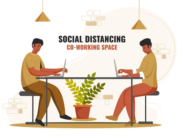 Ilustrace Spolupracujících Mužů Pomocí Notebooku Pracovišti Udržováním Sociální Vzdálenosti Aby — Stockový vektor