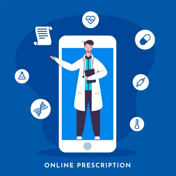 青の背景にスマートフォンの画面や医療要素で医師の男性キャラクターとオンライン処方や相談の概念 — ストックベクタ