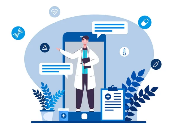 Διαβούλευση Απευθείας Σύνδεση Γιατρός Στο Smartphone Πρόχειρο Και Φάρμακα Μπλε — Διανυσματικό Αρχείο