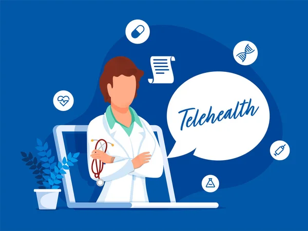 テレヘルススピーチバブルと青い背景の医学的要素を持つノートパソコンの画面で顔のない医師の女性 — ストックベクタ