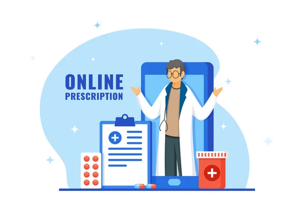 Online Doctor Prescription Smartphone Clipboard Medicines White Blue Background — 스톡 벡터