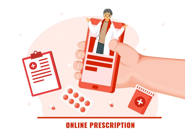 스마트폰 Doctor Man Clipboard Medicines White Pink Background Online Prescription — 스톡 벡터