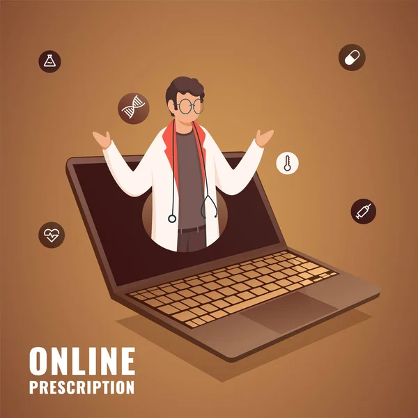 オンライン処方のための茶色の背景に医学的要素を持つ現実的なラップトップ画面で漫画の医者の男 — ストックベクタ
