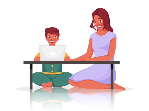 Rapaz Felicidade Usando Laptop Mesa Com Jovem Mulher Sentado Fundo — Vetor de Stock