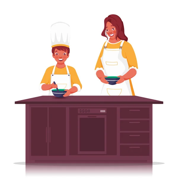 台所で食べ物を作る男の子を助ける若い女性のイラスト ホーム — ストックベクタ
