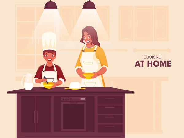 幸せの女性コロナウイルスの間に台所の家で食糧を作る彼女の息子を助ける ポスターデザインとして使用できます — ストックベクタ
