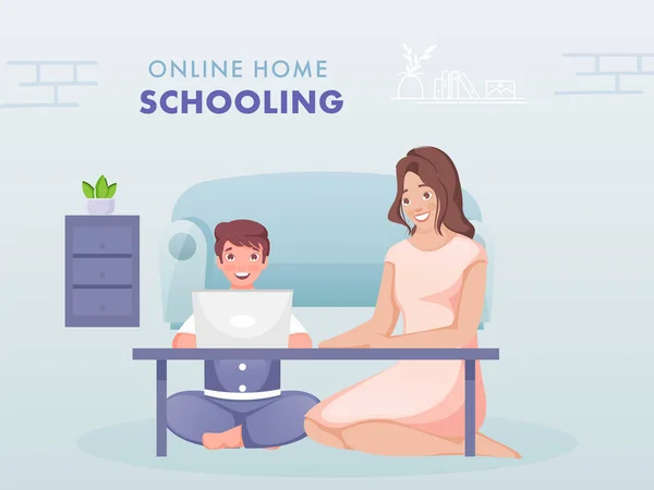 Illustration Boy Having Online Study Laptop Modern Woman Sitting Living — 스톡 벡터