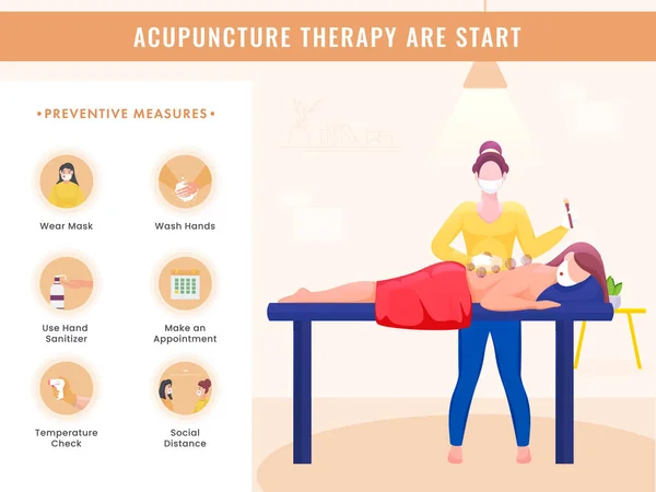 Akupunktur Terapisi Koronavirüs Hastalığı Sırtında Önleyici Önlemler Kadın Kaplama Tedavisi — Stok Vektör