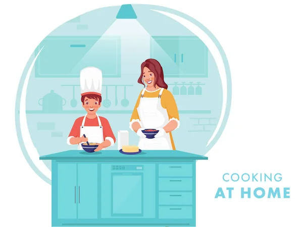 コロナウイルスの間に台所で食べ物を作る彼女の息子を助ける女性のイラスト — ストックベクタ