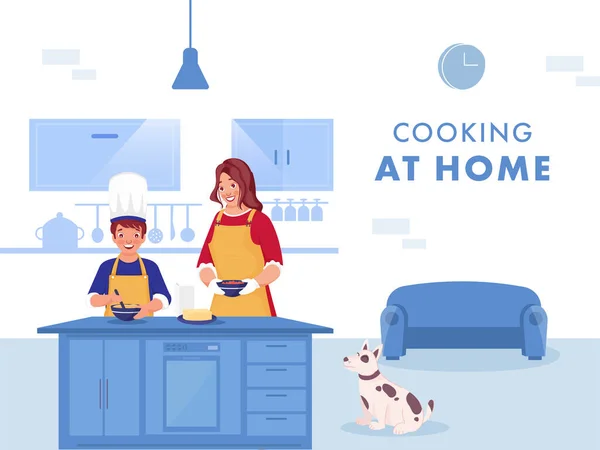 キッチンで食べ物を作る息子を助ける女性のイラスト家と漫画犬は青と白の背景に座っています コロナウイルスを避ける — ストックベクタ