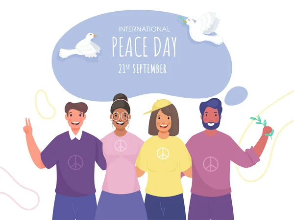 International Peace Day Poster Design Flying Doves Cheerful Group People — Stock Vector