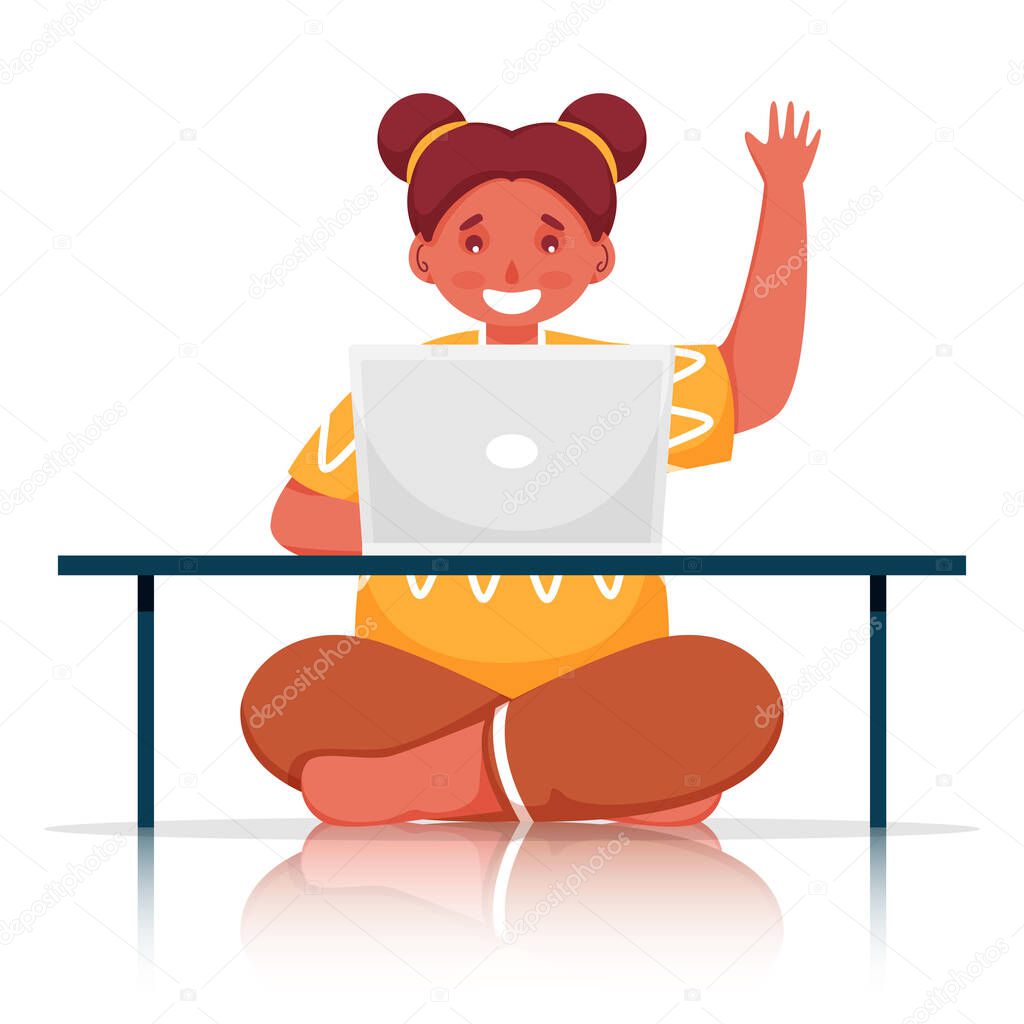 Cute Girl Using Laptop At Table With Hello Gesture On White Background.