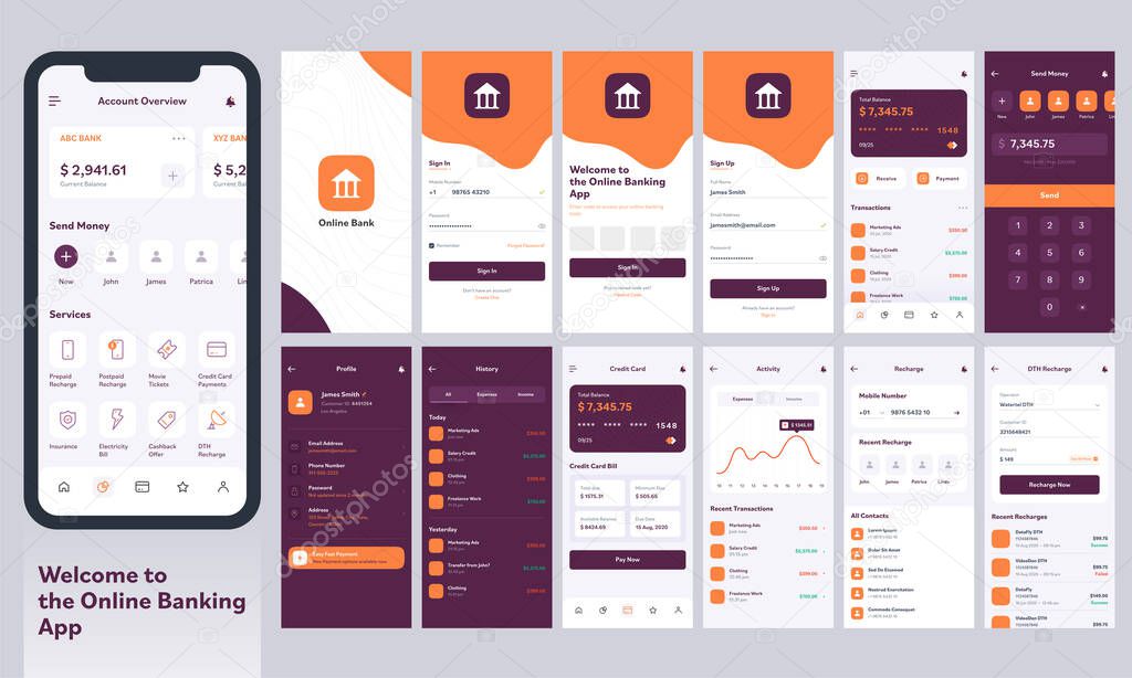 Online Banking Mobile App UI Kit With Different Layout Including Sign In, Create Account, Send Money, Sign Up, Recharge And Notification Screens.