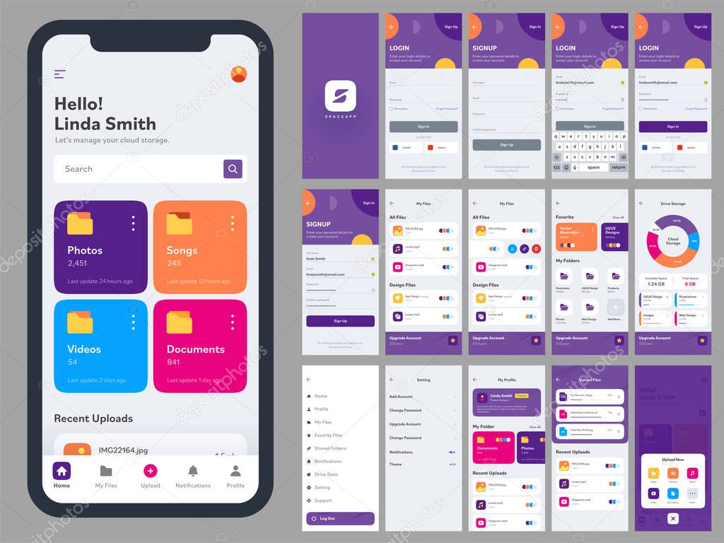 Mobile App UI Kit With Different GUI Layout Including Log In, Create Account, Sign Up, Social Media And Notification Screens.