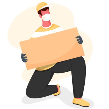 Çizgi filmdeki genç çocuk mesaj için elinde boş kağıt olan tıbbi maske takıyor..