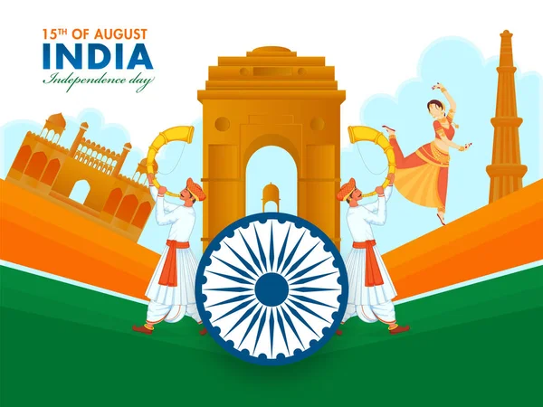 Inde Independence Day Celebration Background Ashoka Wheel Monuments Célèbres Danseuse — Image vectorielle